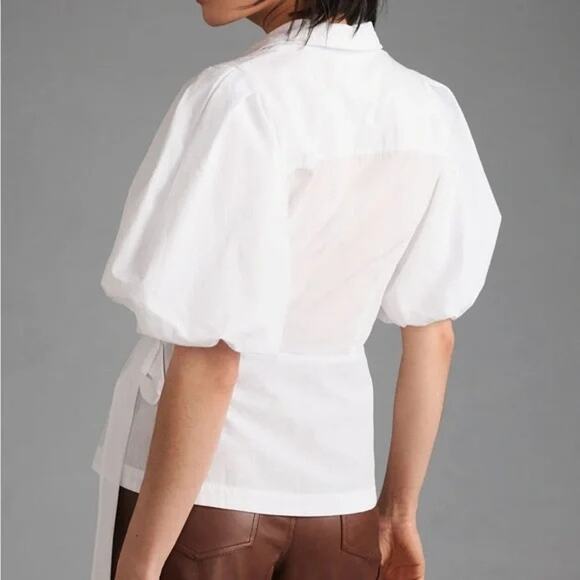 By Anthropologie Plus Size White Puffed Sleeve Wrap Top, Quiet Luxury, 1X NWT - Picture 2 of 7